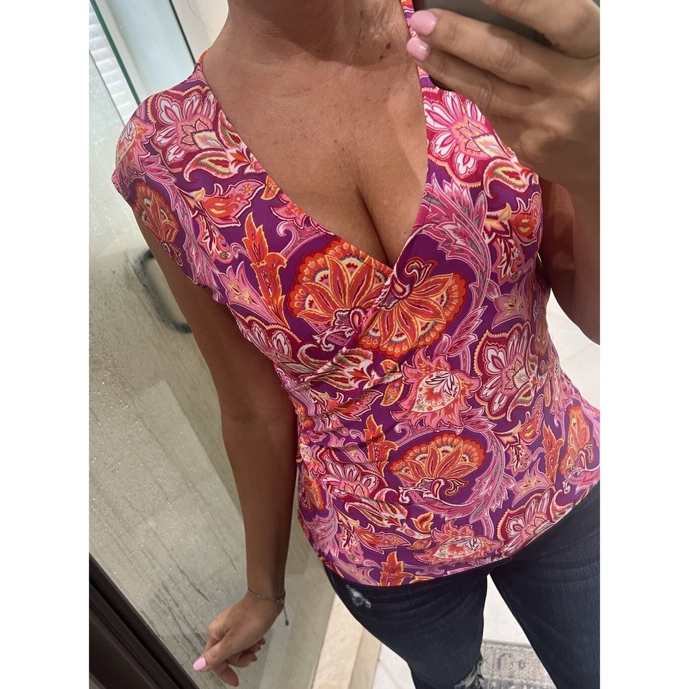 Chaps Ralph Lauren Pink Paisley Mock Wrap Blouse M Jersey Floral Sleeveless Top